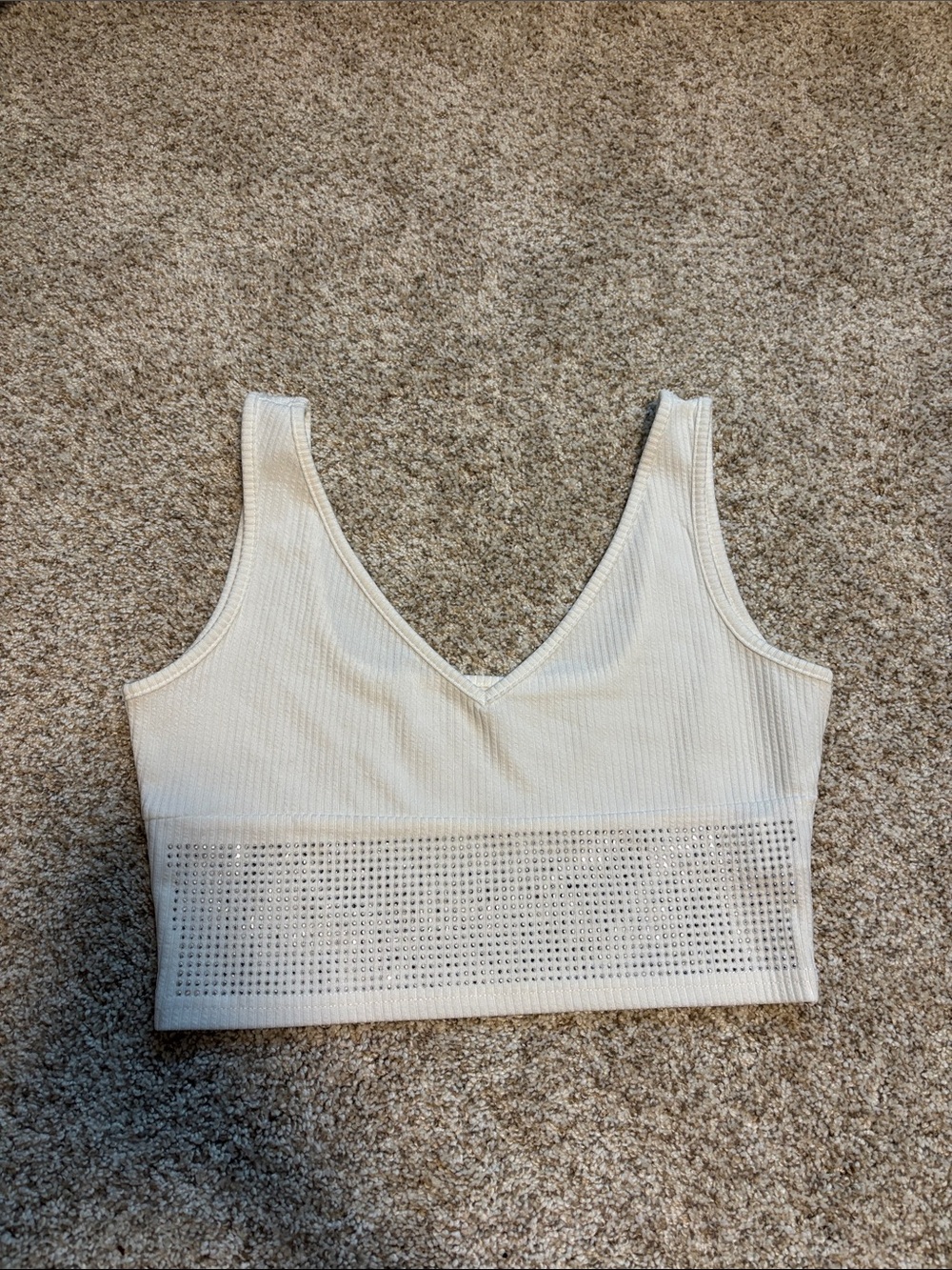 White V-Neck Ribbed Crop Tank with Rhinestones